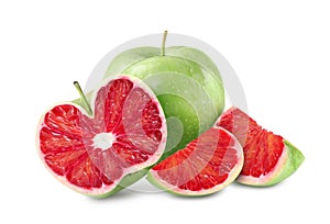 Genetically modified apple with red orange on white background