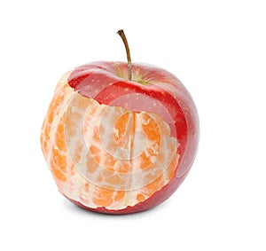 Genetically modified apple with tangerine on white background