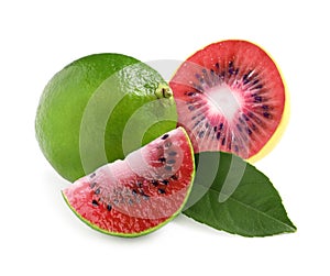 Genetically modified lime with kiwi on white background