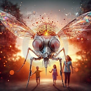 genetically modified macro closeup of nano robot engineered weapon mosquito in action concept design