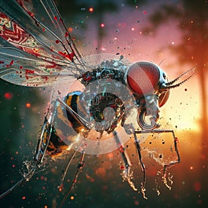 genetically modified macro closeup of nano robot engineered weapon mosquito in action concept design