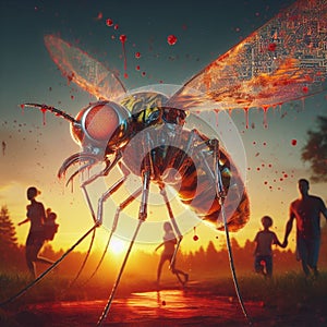 genetically modified macro closeup of nano robot engineered weapon mosquito in action concept design