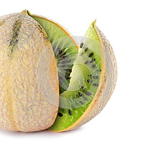 Genetically modified melon with kiwi on white background