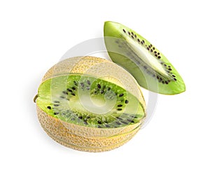 Genetically modified melon with kiwi on white background, top view