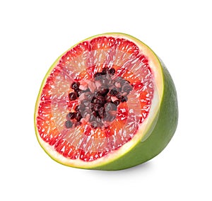 Genetically modified papaya with red orange on white background