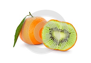 Genetically modified tangerines with kiwi on white background