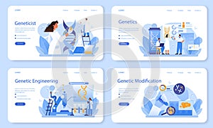 Geneticist web banner or landing page set. Medicine and science technology