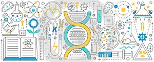 Genetics and bioengineering, thin line scientific laboratory equipment and structures