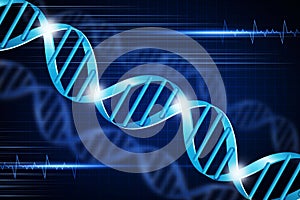 Genetics and biotechnologies. DNA molecule spirals over blue background, creative illustration