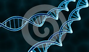 Genetics concept. Glowing DNA molecule on dark background. 3D rendered illustration