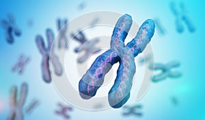 Genetics concept. Many X chromosomes with DNA molecules. 3D rendered illustration