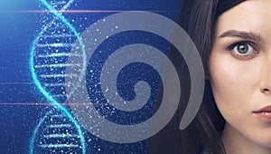 Genetics and cosmetology. Beautiful young woman with perfect skin and DNA helix on blue background, collage