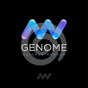 Genetics logo. DNA spiral  logo consist of glossy elements isolated on a dark background.