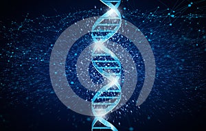 Genetics research concept. Luminous DNA helix structure over blue background, illustration