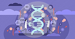 Genetics vector illustration. Flat tiny DNA biology research person concept