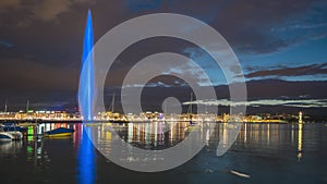 Geneva (Geneve) Switzerland night timelapse at Lake and Jet d\'eau fountain