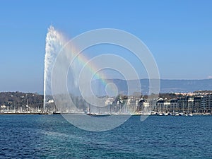 Geneva Jet d`Eau fountain with rainbow