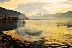 Geneva Lake at sunset, Montreaux, Switzerland, Europe