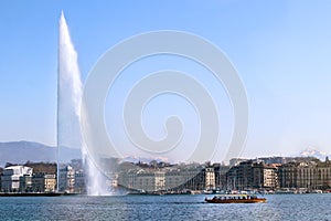 Geneva lakefront Water jet cityscape cruise ship buildings