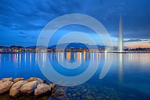 Geneva panorama with famous fountain, Switzerland