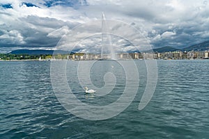 Geneva`s main monument and landmark, the Jet d`Eau Water Jet