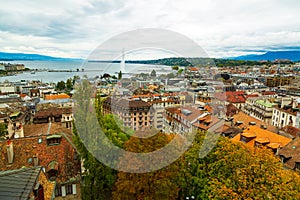 Geneva, Switzerland: city and lake view seen from St. Peter`s Cathedral tower