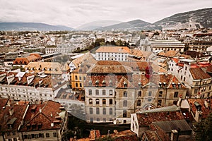 Geneva, Switzerland: city roof tops seen from St. Peter`s Cathedral tower