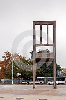 GENEVA, SWITZERLAND - OCTOBER 30, 2015: Geneva broken chair in front of the united nation building