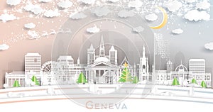 Geneva Switzerland. Winter City Skyline in Paper Cut Style with Snowflakes, Moon and Neon Garland. Christmas, New Year Concept.