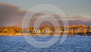 GENEVA, SWITZTERLAND - OCTOBER 27, 2017: Sunset light over Leman Lake, Geneva