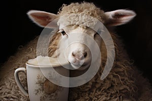 Genial Sheep next to the warm drink cup. Generate ai photo