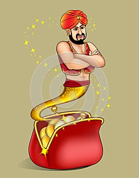 genie appears from wallet with gold dollar.