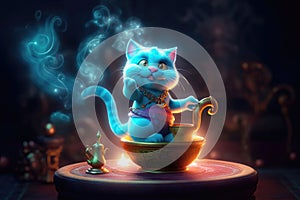 Genie Cat Comes Out Of The Magic Lamp With Smoke. Generative AI