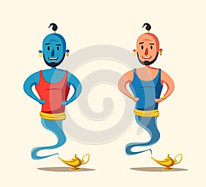 Genie coming out of a magic lamp. Cartoon vector illustration