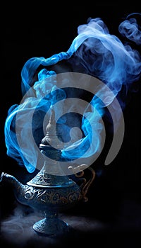 Genie from lamp in blue smoke. Fantasy fairy tale, Alladin. AI generative content