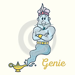 Genie from lamp. Magical character in red Arabic turban. Character traditional Persian tale. Powerful magical vector creature