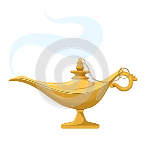 Genie lamp with smoke. Magic antique wish Aladdin lantern light. Vector photo