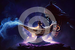 A genie's magic lamp emitting blue smoke standing on a red pillow against a background of blue genie