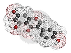 Genistein isoflavone molecule. 3D rendering. Atoms are represented as spheres with conventional color coding: hydrogen white,.