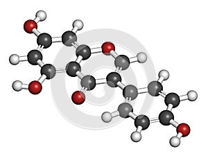 Genistein isoflavone molecule. 3D rendering. Atoms are represented as spheres with conventional color coding: hydrogen white,.