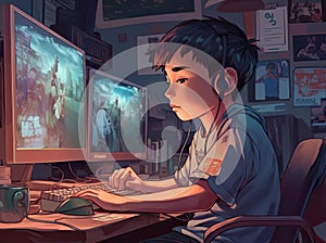 Genius Little boy as a Hacker is coding and programming on computer technology.