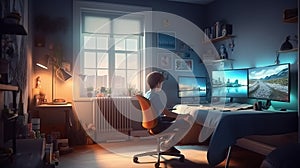 Genius Little boy as a Hacker is coding and programming on computer technology.