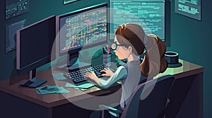 Genius Little boy as a Hacker is coding and programming on computer technology.