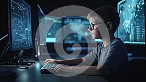 Genius Little boy as a Hacker is coding and programming on computer technology?