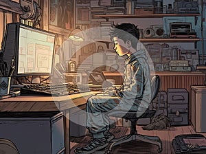 Genius Little boy as a Hacker is coding and programming on computer technology.