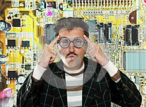 Genius nerd electronic engineer tech man thinking photo