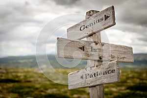 genius is patience text engraved on old wooden signpost outdoors in nature