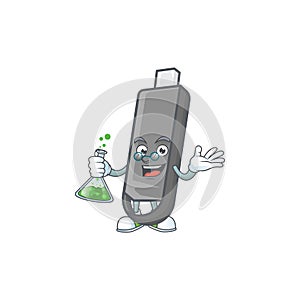 A genius Professor flashdisk cartoon character with glass tube