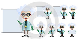 Genius scientist vector character set. Old inventor or professor teaching or showing formula and laboratory lesson