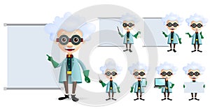 Genius scientist vector character set. Old inventor or professor teaching or showing formula and laboratory lesson photo